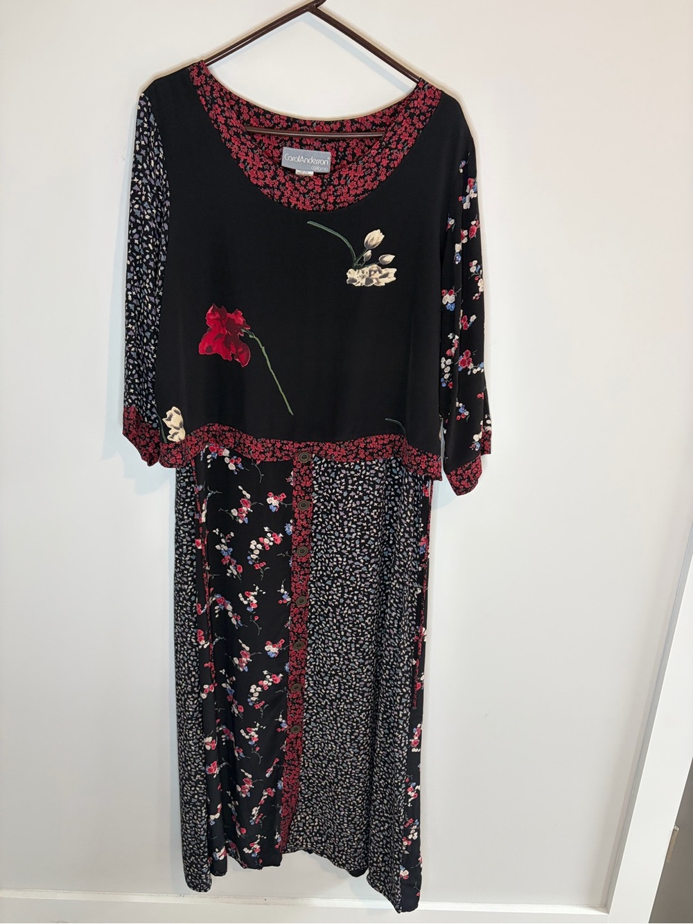 Carol Anderson Vintage 80s Faux 2 piece Layered Maxi Dress w/Red Floral Panels